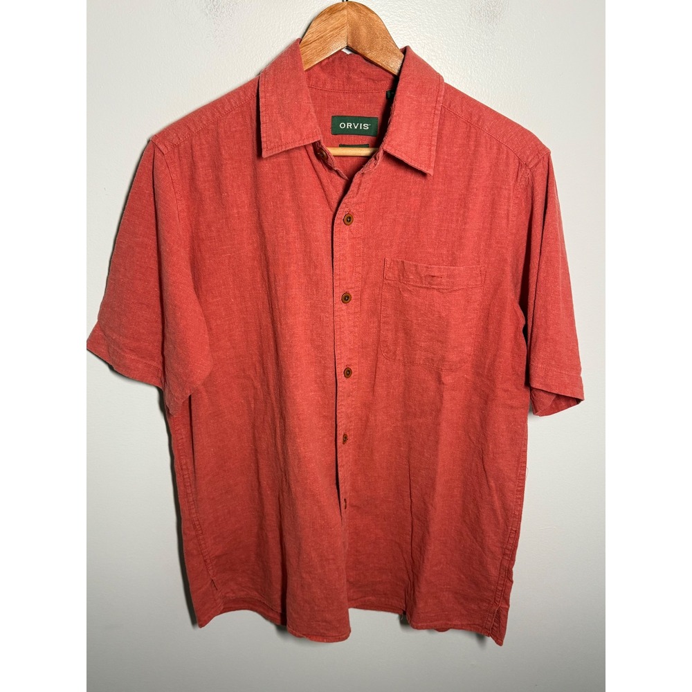 Orvis Mens Short Sleeve Button Down Shirt Coral Red Hemp Blend Small Classic Fit